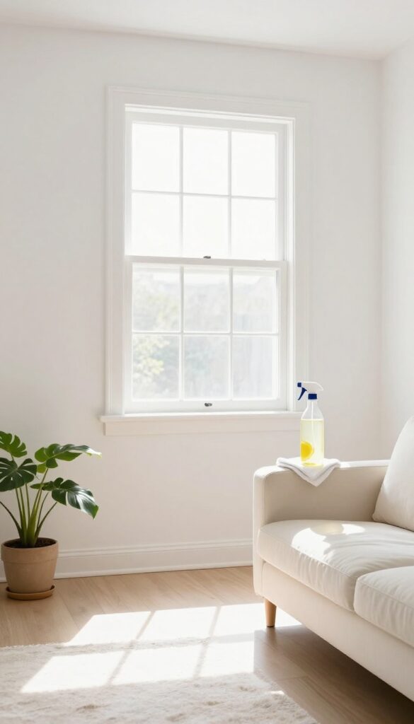 Lemon juice and water cleaning solution for brightening white walls in a sunlit room