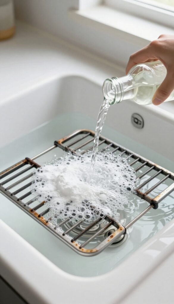 Baking soda and vinegar fizzing on greasy stove grates in a sink