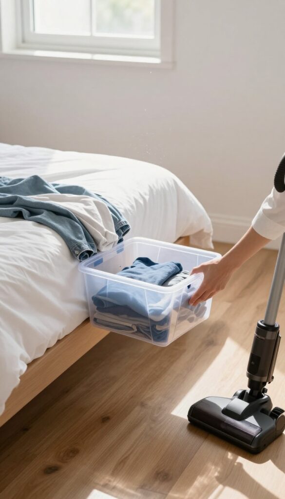 Cleaning under the bed with storage bins and vacuum