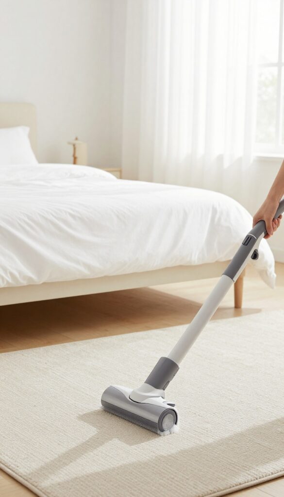 Hands using a carpet shampooer on a light-colored bedroom carpet in a clean, bright room.