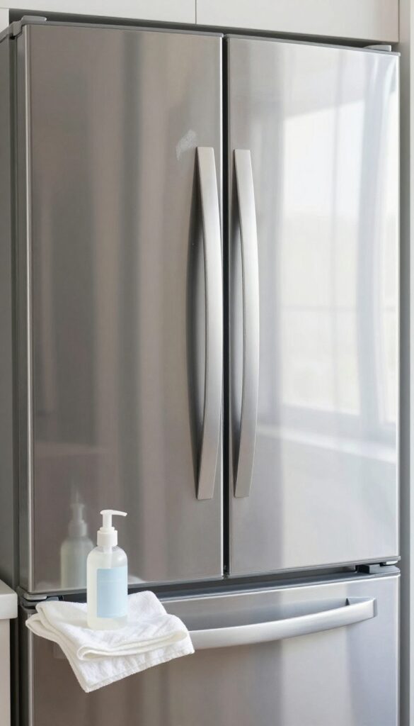 Close-up of shiny stainless steel refrigerator being polished with a cloth and baby oil, bright natural light, clean composition