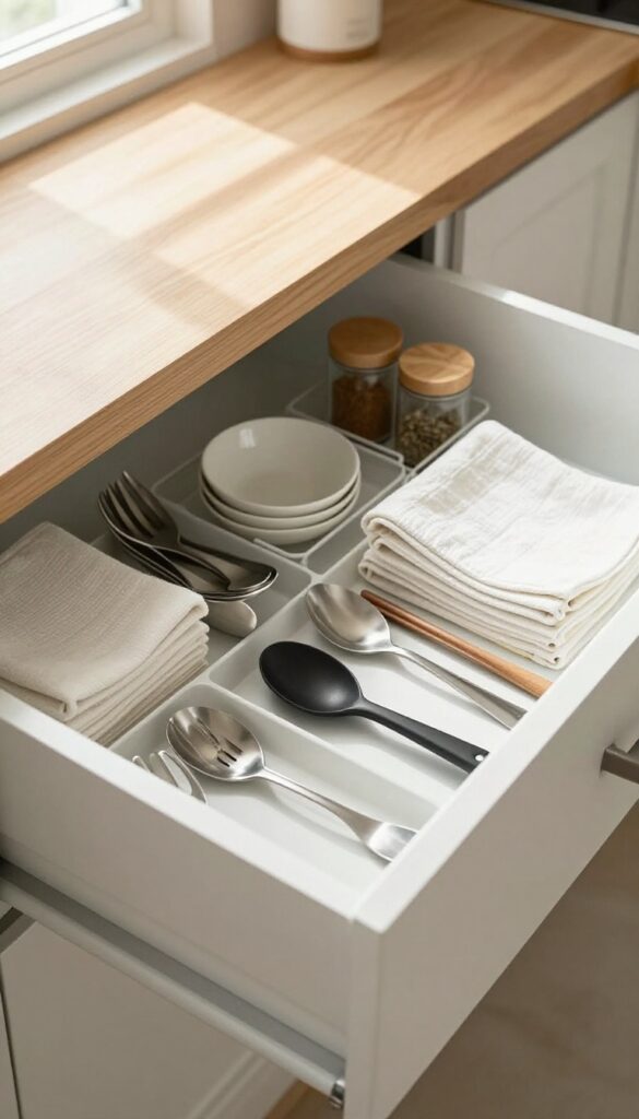 Organized kitchen drawer with dividers and neatly arranged utensils and towels