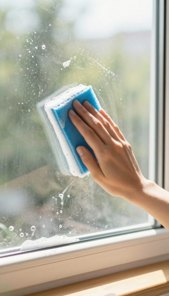 Hand applying soapy water to a window with a scrubber, sunlit room
