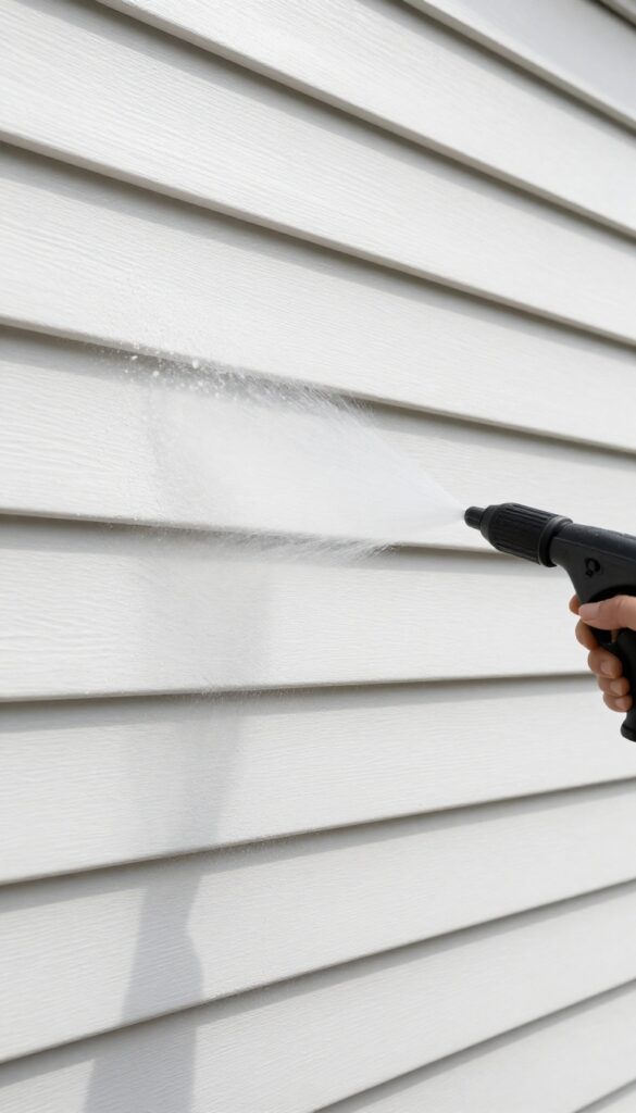 Pressure washer spraying water on clean white vinyl siding