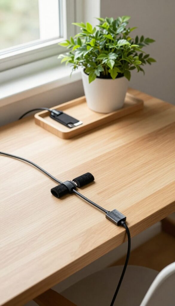 Organized desk with cable management and paper tray in bright natural light
