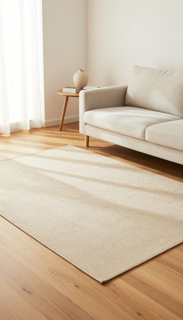 Living room with laminate flooring and a natural fiber area rug in a high-traffic zone
