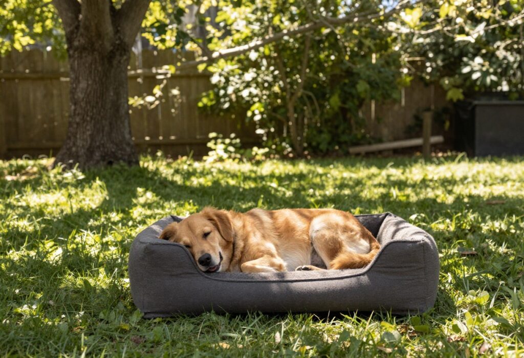 Dog resting on elevated outdoor bed in shady backyard