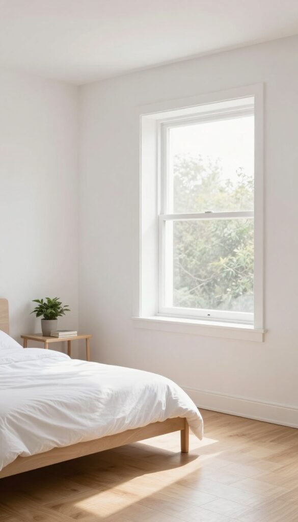 Clean bedroom with empty floor, bare wall with one shelf, and white baseboards, bright natural light, minimalist home organization.