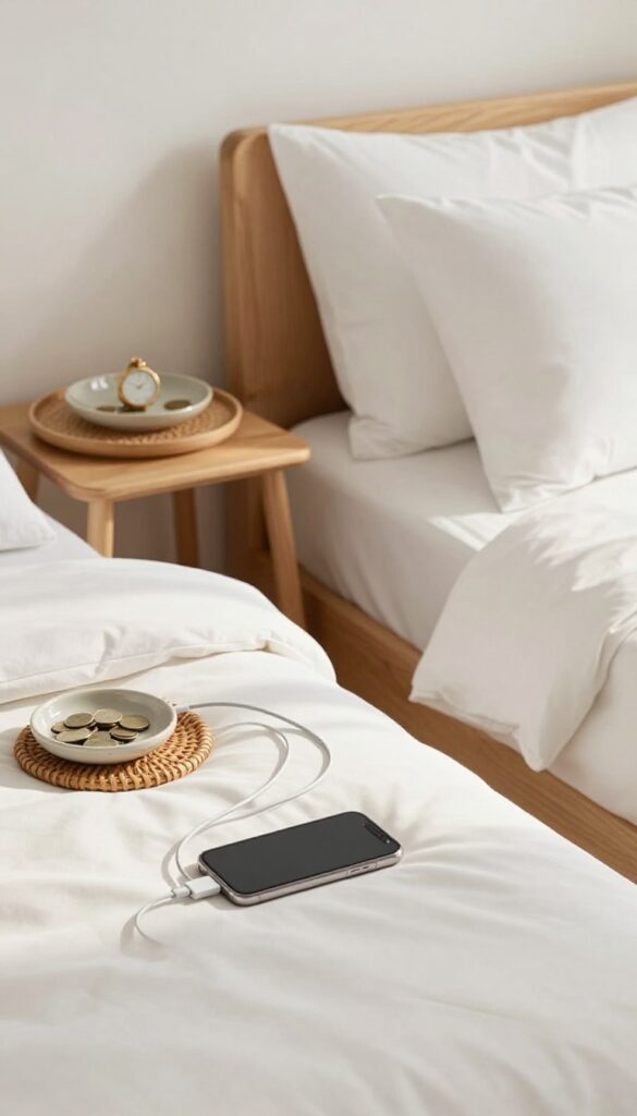 Aesthetic charging station on a nightstand with a tray, phone, and coiled cord in a clean bedroom.