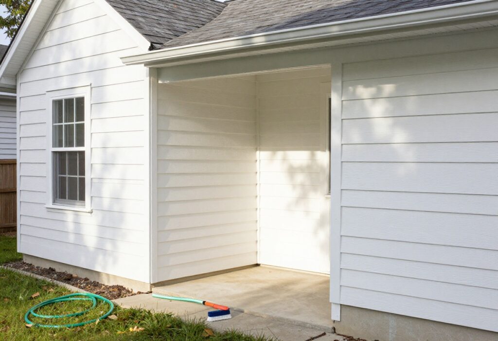 Clean vinyl siding on a house with cleaning tools nearby