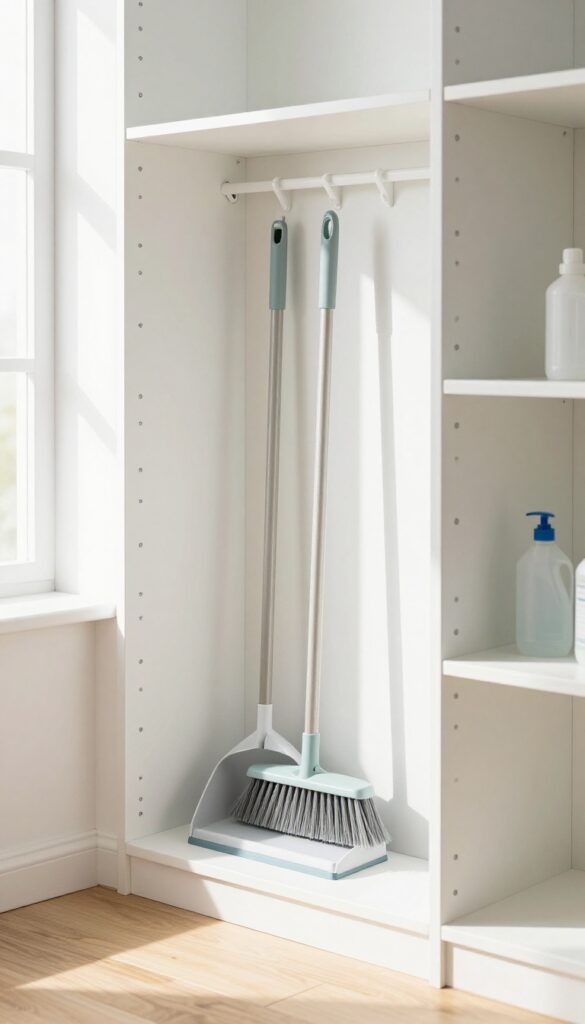 A small broom and dustpan set mounted on the inside of a closet door for quick access.