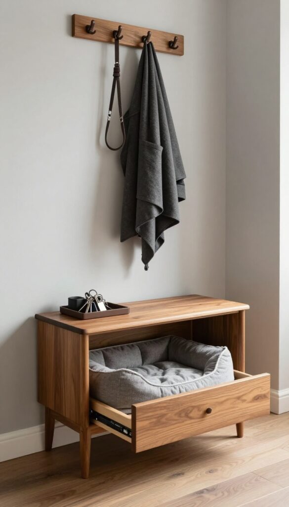Mid-century modern entryway bench with pull-out dog bed in natural light