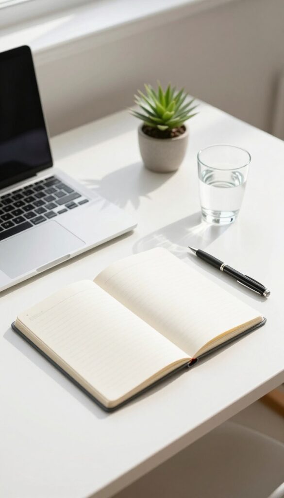 Clean desk with laptop, notebook, pen, and water glass in warm afternoon light