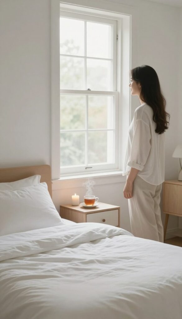 Person standing in doorway admiring a clean, peaceful bedroom with candle and tea