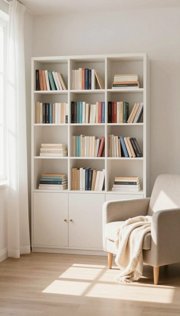 A peaceful living room with a color-organized bookshelf and cozy armchair, bathed in natural sunlight.