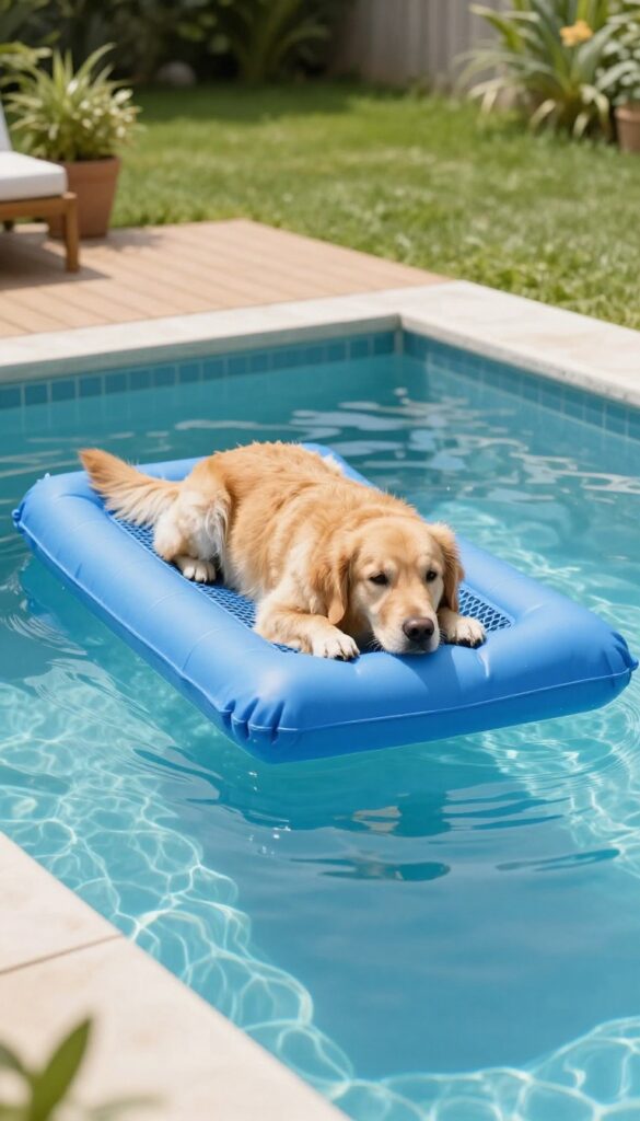 A golden retriever relaxing on a floating dog bed in a backyard pool