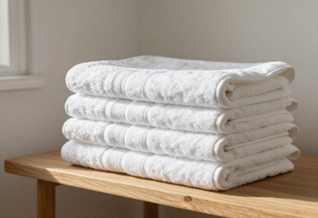 Stack of fluffy white towels on a wooden shelf