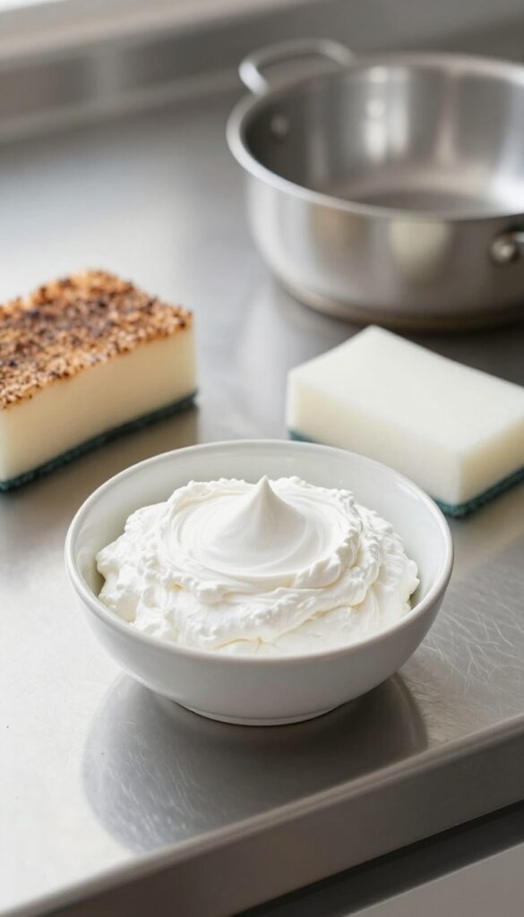 Cream of tartar paste in a bowl next to a sponge and a burnt aluminum pot on a kitchen countertop.