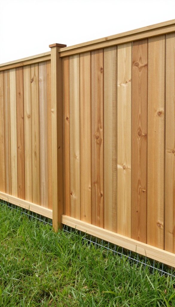 Wood privacy fence with dig-proof L-shaped wire mesh footer in a sunny backyard dog run