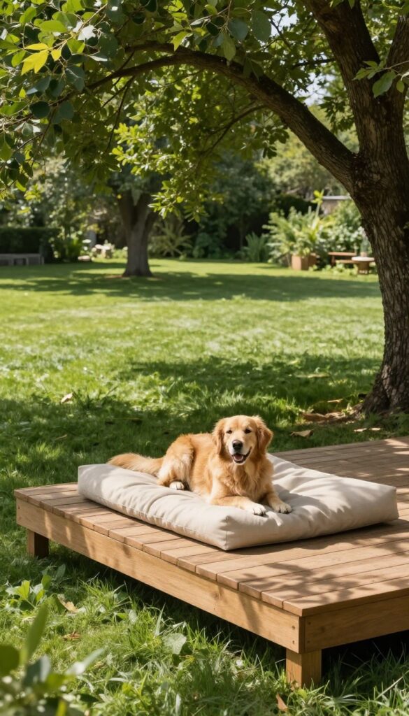Dog lying on elevated wooden platform with cushion under shade tree in backyard