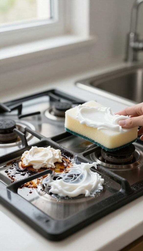 Cleaning a stove grate with Bar Keepers Friend powder paste