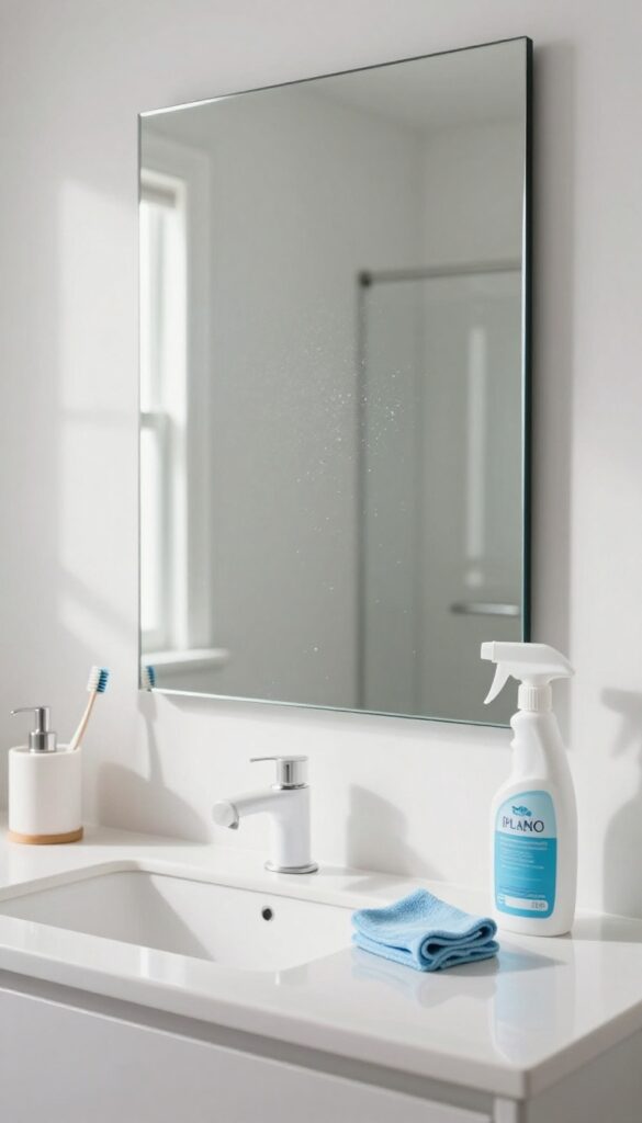 A bathroom mirror being polished with rubbing alcohol and a microfiber cloth, showing a streak-free finish.