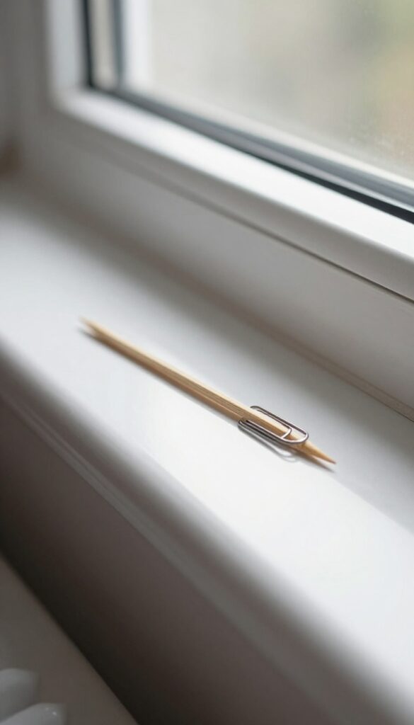 Close-up of a clean window track with a toothpick and paperclip for deep crevice cleaning