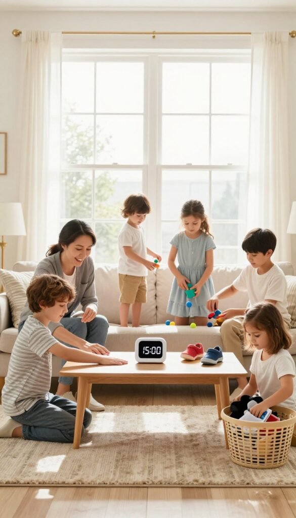 Family doing a 15-minute cleaning dash in a bright living room