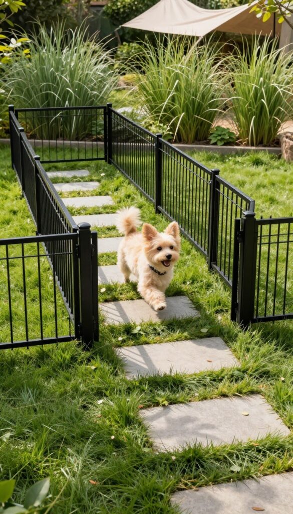 A narrow fenced garden path with stepping stones, used as a dog run for a small dog sprinting happily in sunlight.