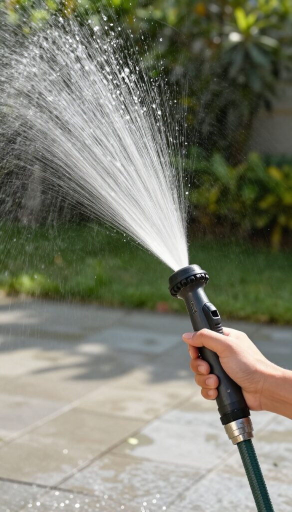 High-pressure garden hose nozzle spraying water onto a shower head outdoors to remove clogs