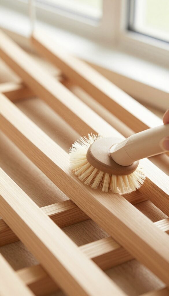 Hand vacuuming faux wood blinds with soft brush attachment in natural light