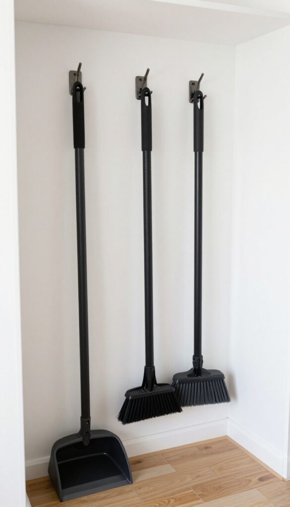 Utility hooks holding broom, mop, and dustpan neatly in a clean closet.