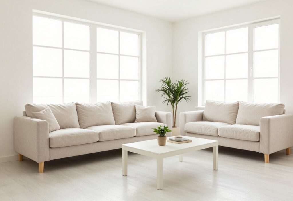 Clean and organized small apartment living room with natural light