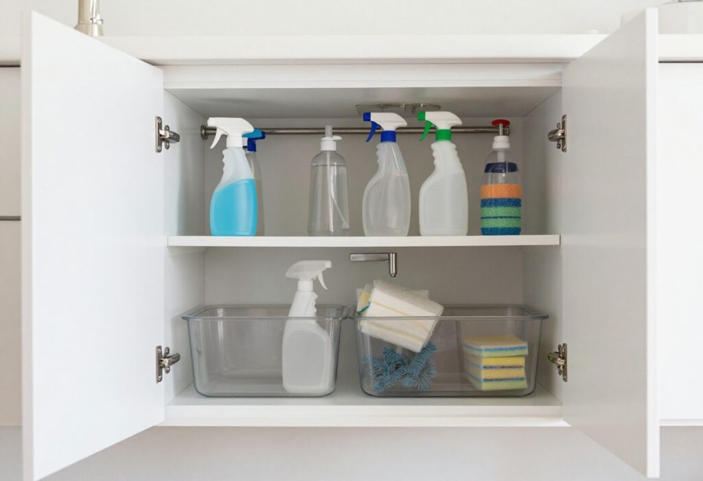 Organized cleaning cupboard under the sink with spray bottles hanging, clear bins, and a lazy Susan
