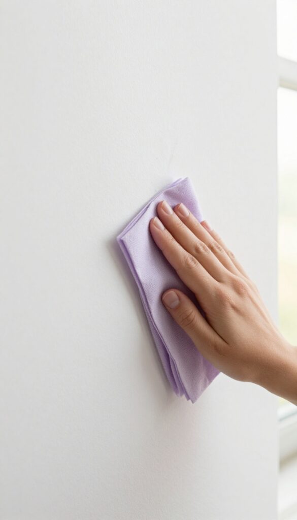 Hand wiping candle soot from a white wall with a dryer sheet