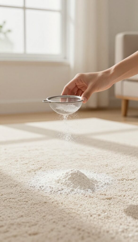 Hand sprinkling cornstarch on a beige carpet for freshening