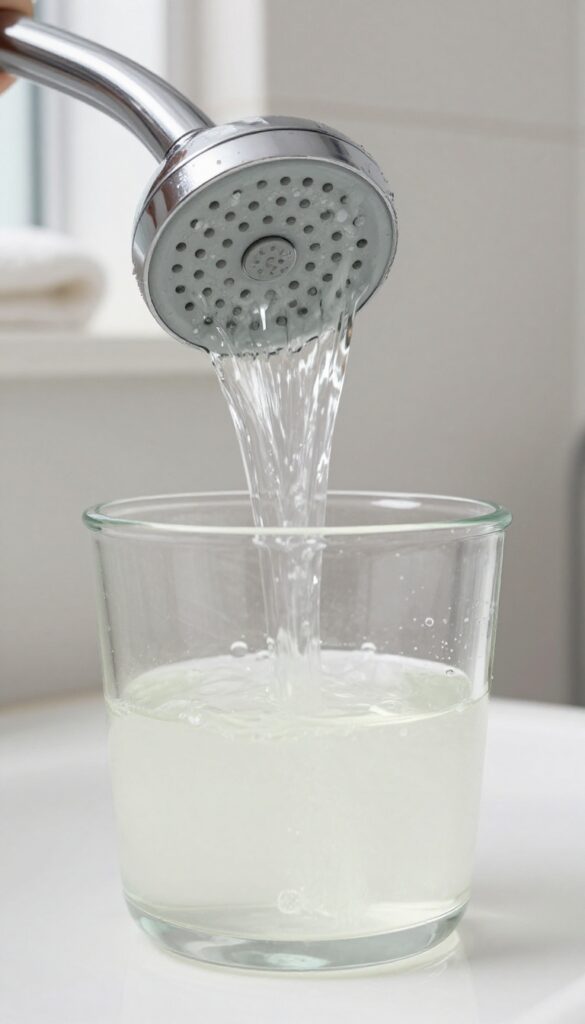 Shower head submerged in white vinegar in a glass bowl to remove mineral buildup.