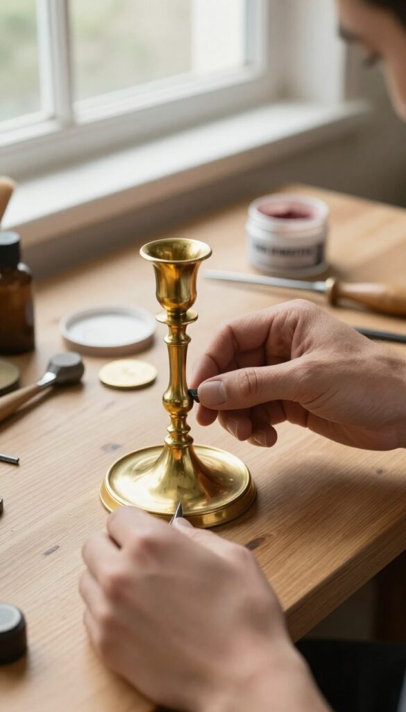Professional restoration of an antique brass candlestick being polished on a wooden workbench with natural light.