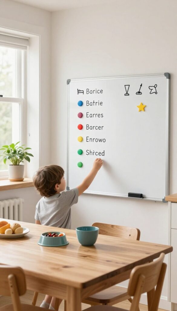 A child placing a star magnet on a point system chore chart on a kitchen table, with colorful magnets and chore icons.