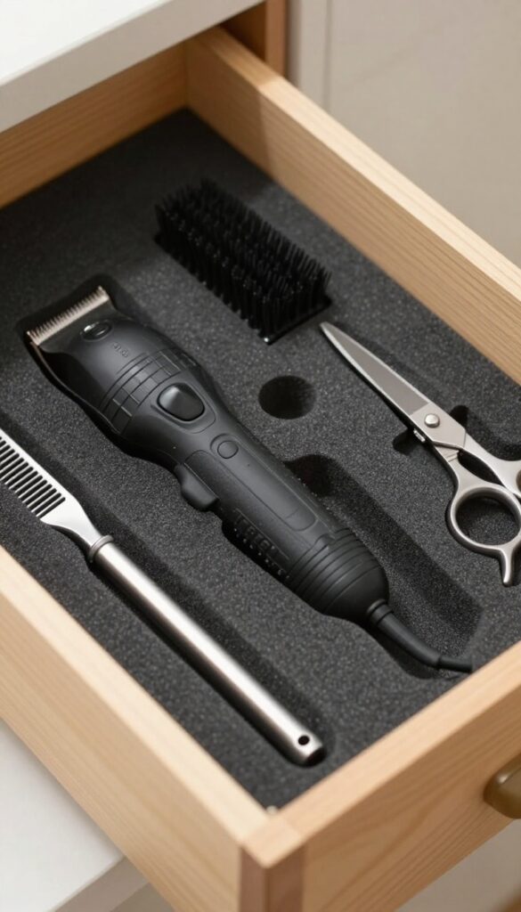 Custom foam inserts in a drawer holding dog grooming tools like clippers, brush, comb, and shears.