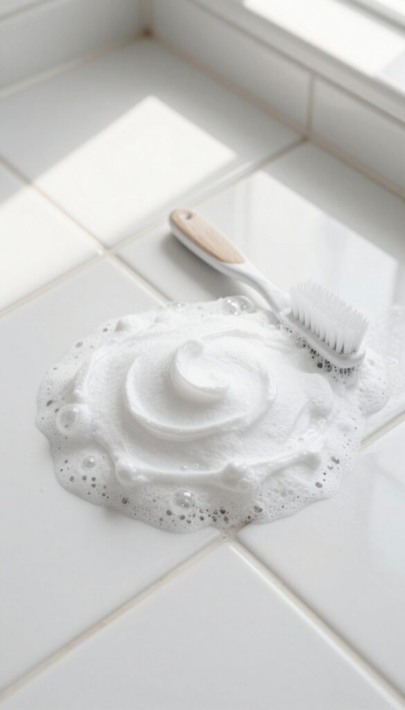 Applying baking soda and hydrogen peroxide paste to shower grout with a toothbrush