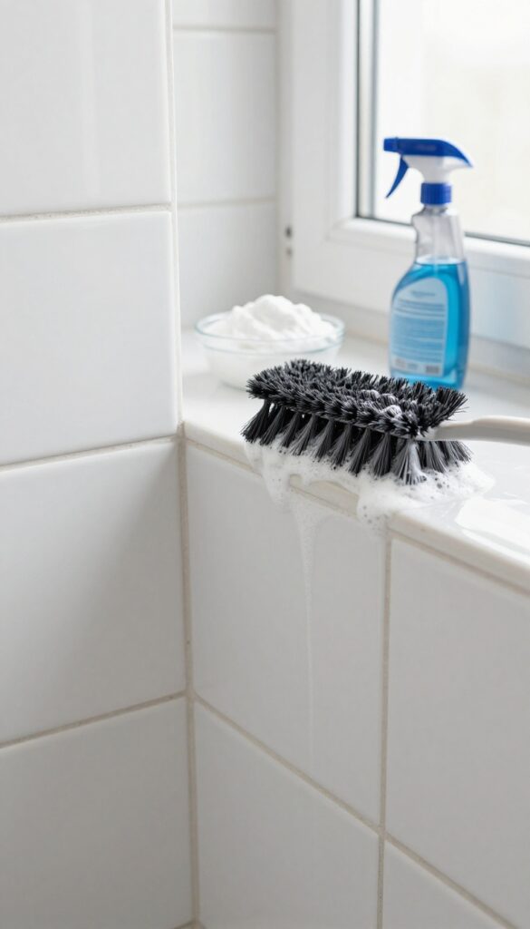 Close-up of scrubbing bathroom grout with a brush and cleaning paste in bright natural light
