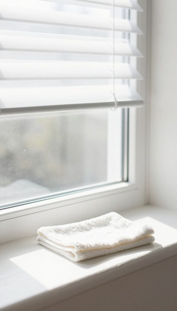 Clean window with sunlight streaming through, microfiber cloth on sill, bright and fresh home cleaning scene