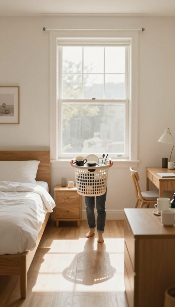 Person collecting scattered dishes in a laundry basket from a clean, sunlit bedroom