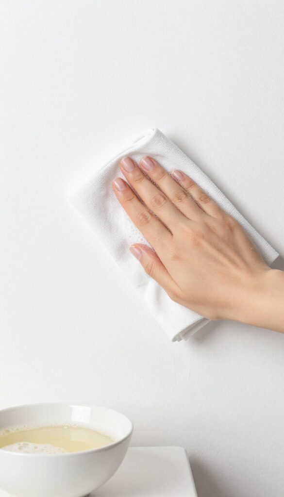 Cleaning crayon marks off a white wall with a microfiber cloth and dish soap solution