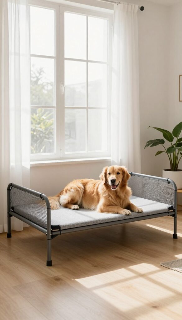 Dog crate with raised cot bed for airflow, golden retriever resting on breathable mesh, bright natural light, cozy interior.