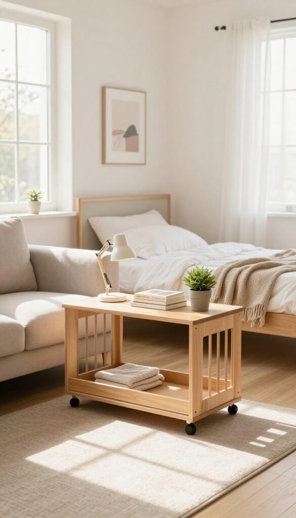 Wooden dog crate used as a side table with lamp, books, and plant in a bright living room