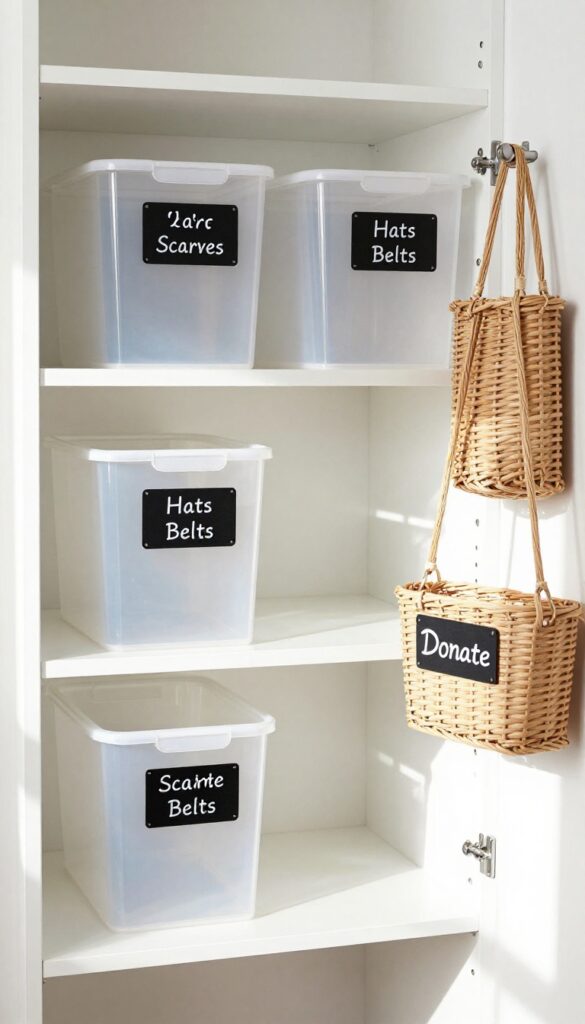 Organized closet with labeled bins and baskets in bright natural light