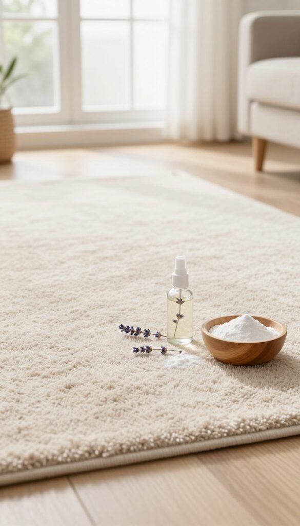 Essential oils and baking soda on a rug for natural deodorizing
