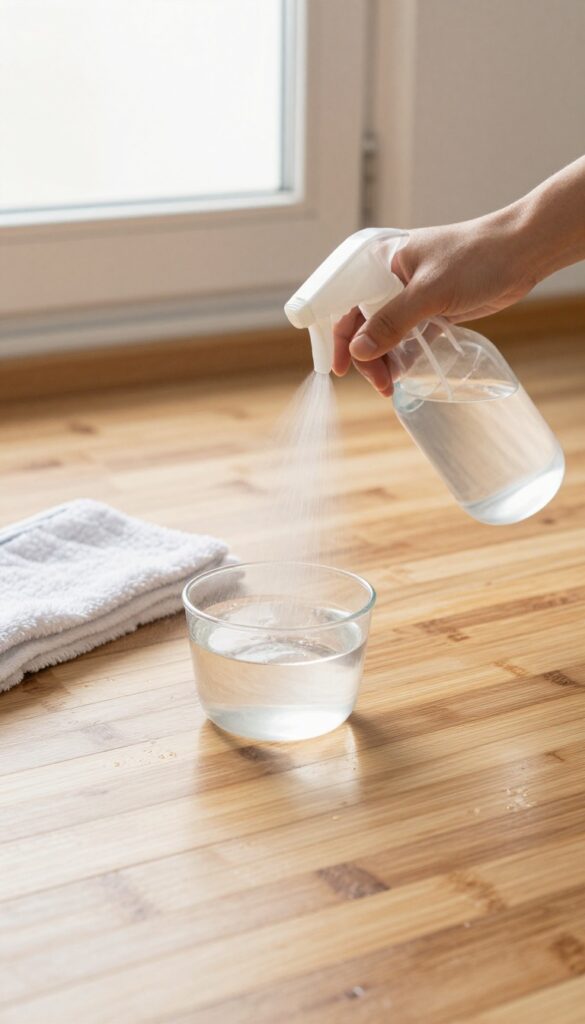Bamboo floor being cleaned with vinegar and water spray and microfiber mop in bright natural light